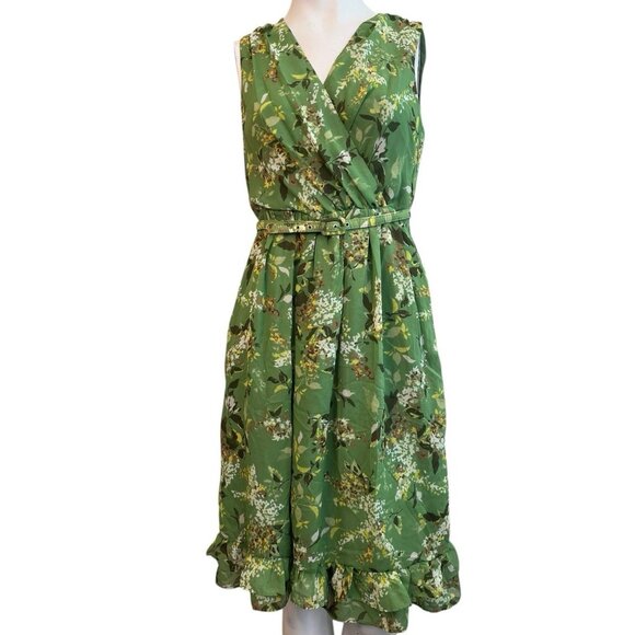 ME George Size 4 Green Floral Ruffle Sleeveless Dress Flare A-Line Belted - Picture 1 of 6